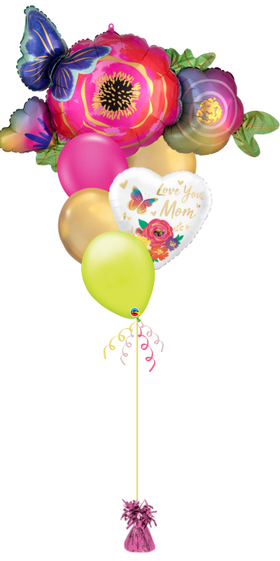 Bouquet de ballons - Fleurs et papillons infusés - Love you Mom en satin