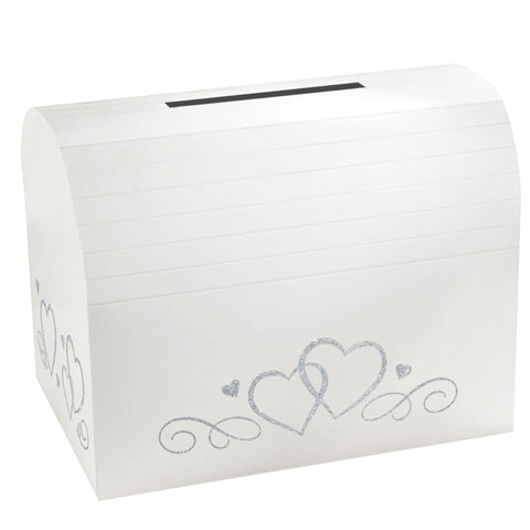 White Card Holder Box with Silver Glitter Hearts