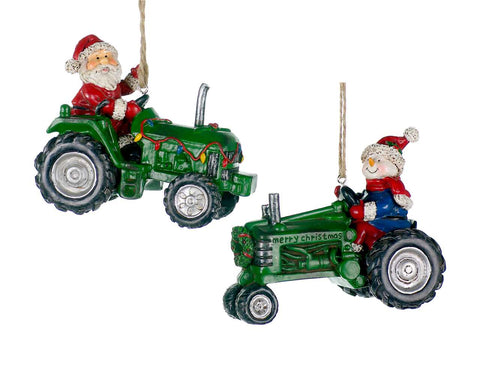 Ornement Père Noël/bonhomme de neige sur tracteur vert