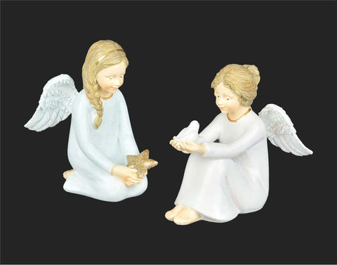 Figurine : Anges assis tenant une étoile ou un oiseau dans ses mains