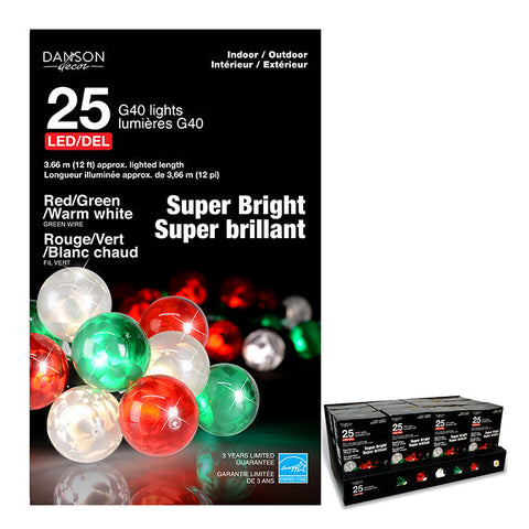 25 lumières G40 LED super brillant - Rouge, vert et blanc