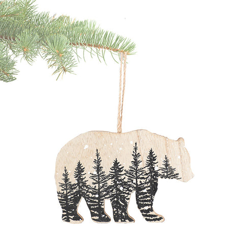 Ornement ours en bois avec imprimé arbres (14 cm)