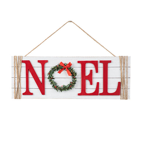 Panneau "Noel" à suspendre en bois, blanc/rouge/vert, 30x2x15cm